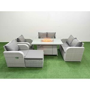 7 Seater Outdoor Reclining Chair Love Sofa Set Rattan Garden Furniture Set with Firepit Dining Table Footstool Light Grey - Fimous 7 Seater Outdoor Reclining Chair Love Sofa Set Rattan Garden Furniture Set with Firepit Dining Table Footstool Light Grey - Fimous