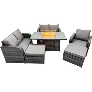 7-seater Patio Gas Firpit Dining Table Sofa Sets Rattan Garden Furniture Dining Set with 2 Big Stools Dark Grey Mixed - Fimous 7-seater Patio Gas Firpit Dining Table Sofa Sets Rattan Garden Furniture Dining Set with 2 Big Stools Dark Grey Mixed - Fimous