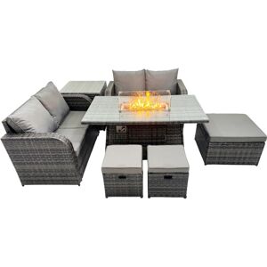 7-seater Patio Gas Firpit Dining Table Sofa Sets Rattan Garden Furniture Dining Set with 3 Stools Side Table Dark Grey Mixed - Fimous 7-seater Patio Gas Firpit Dining Table Sofa Sets Rattan Garden Furniture Dining Set with 3 Stools Side Table Dark Grey Mixed - Fimous