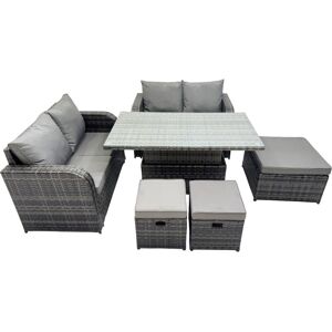 7-seater Patio Height Adjustable Rising Lifting Table Sofa Sets Rattan Garden Furniture Dining Set with 3 Stools Dark Grey Mixed - Fimous 7-seater Patio Height Adjustable Rising Lifting Table Sofa Sets Rattan Garden Furniture Dining Set with 3 Stools Dark Grey Mixed - Fimous