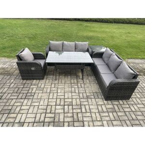 7 Seater Rattan Garden Furniture Set Oblong Rectangular Dining Table and Chairs Set with 3 Seater Sofa Side Tables Dark Grey Mixed - Fimous 7 Seater Rattan Garden Furniture Set Oblong Rectangular Dining Table and Chairs Set with 3 Seater Sofa Side Tables Dark Grey Mixed - Fimous