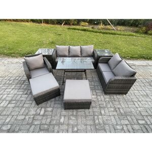 FIMOUS 8 pcs Outdoor Lounge Sofa Set Wicker pe Rattan Garden Furniture Set with Rectangular Dining Table Armchair 2 Big Footstool 2 Side Tables Dark Grey FIMOUS 8 pcs Outdoor Lounge Sofa Set Wicker pe Rattan Garden Furniture Set with Rectangular Dining Table Armchair 2 Big Footstool 2 Side Tables Dark Grey