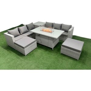 8 Seat pe Rattan Lounge Sofa Set Outdoor Garden Furniture Set with Firepit Dining Table 3 Seater Sofa 2 Stools Side Table Light Grey - Fimous 8 Seat pe Rattan Lounge Sofa Set Outdoor Garden Furniture Set with Firepit Dining Table 3 Seater Sofa 2 Stools Side Table Light Grey - Fimous