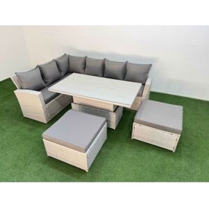 FIMOUS 8 Seat Rattan Outdoor Garden Furniture Corner Sofa Set Adjustable Lifting Dining or Coffee Table Set with Armchair 2 Big Footstools Light Grey FIMOUS 8 Seat Rattan Outdoor Garden Furniture Corner Sofa Set Adjustable Lifting Dining or Coffee Table Set with Armchair 2 Big Footstools Light Grey