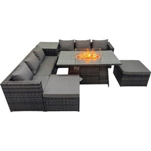 8 Seater Garden Outdoor Rattan Furniture Set Patio Corner Sofa Gas Firepit Dining Table with Side Table 2 Big Stools Dark Grey - Fimous 8 Seater Garden Outdoor Rattan Furniture Set Patio Corner Sofa Gas Firepit Dining Table with Side Table 2 Big Stools Dark Grey - Fimous