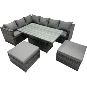 8-seater Height Adjustable Rising Lifting Table Corner Sofa Set Rattan Garden Furniture Dining Set with 2 Big Stool Dark Grey Mixed - Fimous 8-seater Height Adjustable Rising Lifting Table Corner Sofa Set Rattan Garden Furniture Dining Set with 2 Big Stool Dark Grey Mixed - Fimous