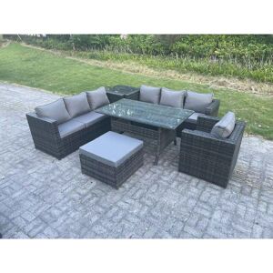 Fimous 8 Seater Outdoor Lounge Sofa Garden Furniture Set - Outdoor lounge sofa set, dark grey, rattan, rectangular dining table Fimous 8 Seater Outdoor Lounge Sofa Garden Furniture Set - Outdoor lounge sofa set, dark grey, rattan, rectangular dining table