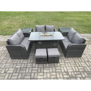 8 Seater Outdoor Rattan Furniture Garden Dining Set Gas Fire Pit Table with Side Table Love Sofa 2 Small Footstools Dark Grey Mixed - Fimous 8 Seater Outdoor Rattan Furniture Garden Dining Set Gas Fire Pit Table with Side Table Love Sofa 2 Small Footstools Dark Grey Mixed - Fimous