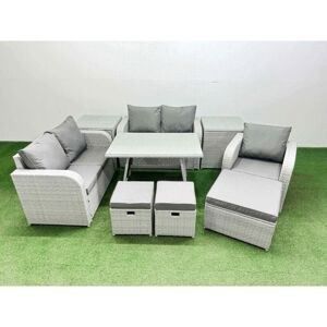 FIMOUS 8 Seater Outdoor Rattan Garden Furniture Set Love Sofa Reclining Chair Set with Rectangular Dining Table 2 Side Tables 3 Footstools Light Grey FIMOUS 8 Seater Outdoor Rattan Garden Furniture Set Love Sofa Reclining Chair Set with Rectangular Dining Table 2 Side Tables 3 Footstools Light Grey