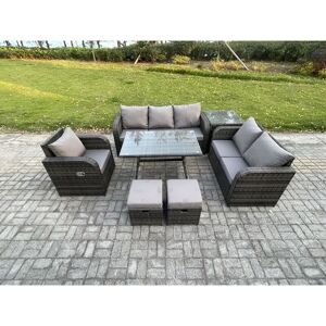 Fimous 8 Seater Outdoor Rattan Garden Furniture Set Patio Lounge Sofa Set with Dining Table Side Table 2 Small Footstools Dark Grey Mixed Fimous 8 Seater Outdoor Rattan Garden Furniture Set Patio Lounge Sofa Set with Dining Table Side Table 2 Small Footstools Dark Grey Mixed