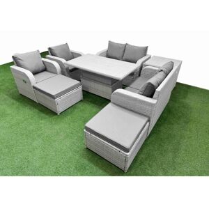 FIMOUS 8 Seater Outdoor Reclining Chair Love Sofa Set Rattan Garden Furniture Set with Adjustable Lifting Dining or Coffee Table 2 Big FootStools Side Table FIMOUS 8 Seater Outdoor Reclining Chair Love Sofa Set Rattan Garden Furniture Set with Adjustable Lifting Dining or Coffee Table 2 Big FootStools Side Table