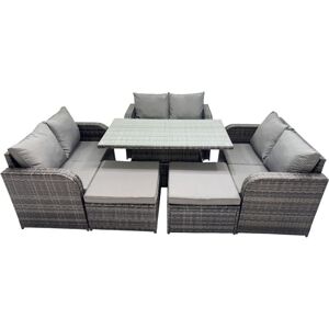 8-seater Patio Height Adjustable Rising Lifting Table Sofa Sets Rattan Garden Furniture Dining Set with 2 Big Stools Dark Grey Mixed - Fimous 8-seater Patio Height Adjustable Rising Lifting Table Sofa Sets Rattan Garden Furniture Dining Set with 2 Big Stools Dark Grey Mixed - Fimous