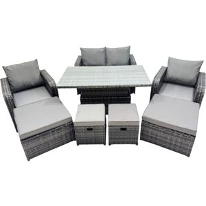 8-seater Patio Height Adjustable Rising Lifting Table Sofa Sets Rattan Garden Furniture Dining Set with 4 Footstool Dark Grey Mixed - Fimous 8-seater Patio Height Adjustable Rising Lifting Table Sofa Sets Rattan Garden Furniture Dining Set with 4 Footstool Dark Grey Mixed - Fimous