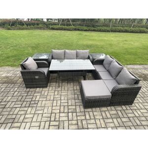 FIMOUS 8 Seater Rattan Garden Furniture Set Oblong Rectangular Dining Table and Chairs Set with 3 Seater Sofa 2 Side Tables Big Footstool Dark Grey Mixed FIMOUS 8 Seater Rattan Garden Furniture Set Oblong Rectangular Dining Table and Chairs Set with 3 Seater Sofa 2 Side Tables Big Footstool Dark Grey Mixed