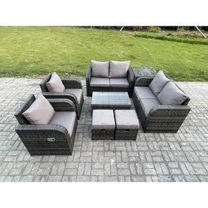 FIMOUS 8 Seater Rattan Garden Furniture Set Patio Outdoor Lounge Sofa Set with Rectangular Coffee Table 2 Small Footstools Love Sofa Side Table Dark Grey FIMOUS 8 Seater Rattan Garden Furniture Set Patio Outdoor Lounge Sofa Set with Rectangular Coffee Table 2 Small Footstools Love Sofa Side Table Dark Grey
