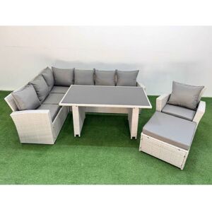 FIMOUS 8 Seater Wicker Rattan Corner Sofa Sets Outdoor Garden Furniture Sets with Rectangular Dining Table Lounge Sofa Big Footstool Armchair Light Grey FIMOUS 8 Seater Wicker Rattan Corner Sofa Sets Outdoor Garden Furniture Sets with Rectangular Dining Table Lounge Sofa Big Footstool Armchair Light Grey