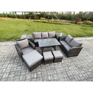9 pcs Outdoor Lounge Sofa Set Wicker pe Rattan Garden Furniture Set with Rectangular Dining Table Armchair 3 Footstools Dark Grey Mixed - Fimous 9 pcs Outdoor Lounge Sofa Set Wicker pe Rattan Garden Furniture Set with Rectangular Dining Table Armchair 3 Footstools Dark Grey Mixed - Fimous
