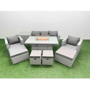 9 Seat pe Rattan Lounge Sofa Set Outdoor Garden Furniture Set with Firepit Dining Table 3 Seater Sofa 4 Footstools Side Table Light Grey - Fimous 9 Seat pe Rattan Lounge Sofa Set Outdoor Garden Furniture Set with Firepit Dining Table 3 Seater Sofa 4 Footstools Side Table Light Grey - Fimous