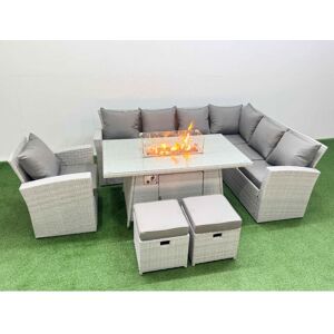 9 Seat Rattan Garden Furniture Corner Sofa Set Outdoor Gas Fire Pit Table Set with 2 Small Footstools Light Grey - Fimous 9 Seat Rattan Garden Furniture Corner Sofa Set Outdoor Gas Fire Pit Table Set with 2 Small Footstools Light Grey - Fimous