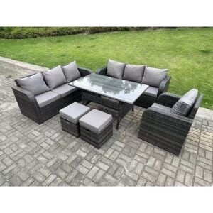 FIMOUS 9 Seater Dark Grey pe Wicker Rattan Garden Furniture Set Reclining Chair Lounge Sofa 3 Seater Sofa Set Outdoor Rectangular Dining Table With 2 Stools FIMOUS 9 Seater Dark Grey pe Wicker Rattan Garden Furniture Set Reclining Chair Lounge Sofa 3 Seater Sofa Set Outdoor Rectangular Dining Table With 2 Stools