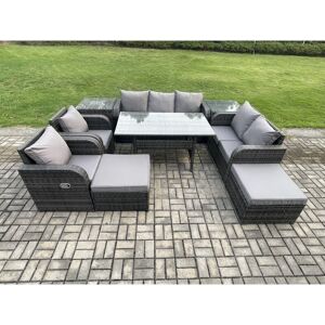 9 Seater Garden Rattan Furniture Dining Table Sofa Set Indoor Outdoor with 2 Reclining Chairs 2 Side Tables 2 Big Footstool Dark Grey Mixed - Fimous 9 Seater Garden Rattan Furniture Dining Table Sofa Set Indoor Outdoor with 2 Reclining Chairs 2 Side Tables 2 Big Footstool Dark Grey Mixed - Fimous