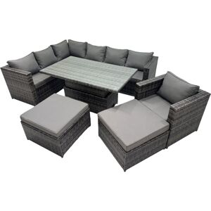 Fimous 9-seater Height Adjustable Rising Lifting Table Corner Sofa Set Rattan Garden Furniture Dining Set with 2 Big Stool Dark Grey Mixed Fimous 9-seater Height Adjustable Rising Lifting Table Corner Sofa Set Rattan Garden Furniture Dining Set with 2 Big Stool Dark Grey Mixed