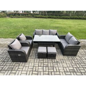 FIMOUS 9 Seater Lounge Rattan Sofa Set Outdoor Garden Furniture Oblong Rectangular Dining Table With Adjustable Chair Love Sofa 2 Small Footstools Dark Grey FIMOUS 9 Seater Lounge Rattan Sofa Set Outdoor Garden Furniture Oblong Rectangular Dining Table With Adjustable Chair Love Sofa 2 Small Footstools Dark Grey