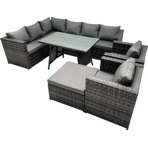 Fimous 9-seater Outdoor PE Rattan Sofa Set with Dining Table Patio Garden Furniture Sets with 2 Chair Big Stool Dark Grey Mixed Fimous 9-seater Outdoor PE Rattan Sofa Set with Dining Table Patio Garden Furniture Sets with 2 Chair Big Stool Dark Grey Mixed