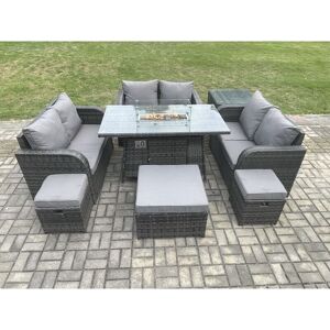9 Seater Outdoor Rattan Furniture Garden Dining Set Gas Fire Pit Table with Side Table Love Sofa 3 Footstools Dark Grey Mixed - Fimous 9 Seater Outdoor Rattan Furniture Garden Dining Set Gas Fire Pit Table with Side Table Love Sofa 3 Footstools Dark Grey Mixed - Fimous