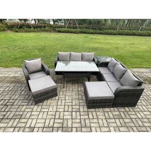 FIMOUS 9 Seater Outdoor Rattan Garden Furniture Set Oblong Rectangular Dining Table and Chairs Set with 3 Seater Sofa 2 Big Footstool Side Table Dark Grey FIMOUS 9 Seater Outdoor Rattan Garden Furniture Set Oblong Rectangular Dining Table and Chairs Set with 3 Seater Sofa 2 Big Footstool Side Table Dark Grey