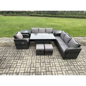 FIMOUS 9 Seater Outdoor Rattan Garden Furniture Set Oblong Rectangular Dining Table and Chairs Set with 3 Seater Sofa 2 Small Footstools 2 Side Tables Dark FIMOUS 9 Seater Outdoor Rattan Garden Furniture Set Oblong Rectangular Dining Table and Chairs Set with 3 Seater Sofa 2 Small Footstools 2 Side Tables Dark