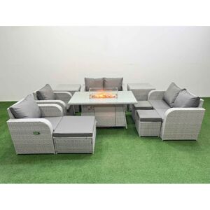 9 Seater Outdoor Reclining Chair Love Sofa Set Rattan Garden Furniture Set with Firepit Dining Table 3 Stools 2 Side Table Light Grey - Fimous 9 Seater Outdoor Reclining Chair Love Sofa Set Rattan Garden Furniture Set with Firepit Dining Table 3 Stools 2 Side Table Light Grey - Fimous