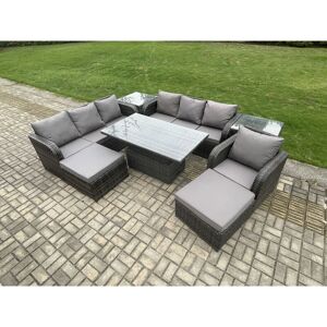 FIMOUS 9 Seater pe Rattan Outdoor Garden Furniture Sets Height Adjustable Rising lifting Dining Table Sofa Set with 2 Side Tables Reclining Chair 2 Big FIMOUS 9 Seater pe Rattan Outdoor Garden Furniture Sets Height Adjustable Rising lifting Dining Table Sofa Set with 2 Side Tables Reclining Chair 2 Big
