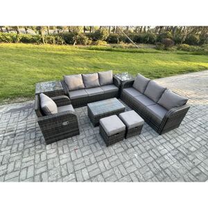 FIMOUS 9 Seater Rattan Lounge Sofa Set Outdoor Garden Furniture Set with Rectangular Coffee Table 3 Seater Sofa 2 Small Footstools 2 Side Tables Dark Grey FIMOUS 9 Seater Rattan Lounge Sofa Set Outdoor Garden Furniture Set with Rectangular Coffee Table 3 Seater Sofa 2 Small Footstools 2 Side Tables Dark Grey