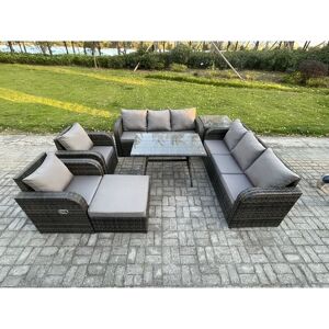FIMOUS 9 Seater Rattan Outdoor Garden Furniture Sofa Set Patio Table & Chairs Set with 3 Seater Sofa Rectangular Dining Table Big Footstool Side Table Dark FIMOUS 9 Seater Rattan Outdoor Garden Furniture Sofa Set Patio Table & Chairs Set with 3 Seater Sofa Rectangular Dining Table Big Footstool Side Table Dark