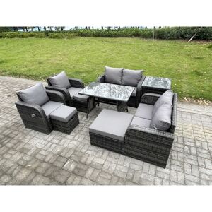 Fimous 9 Seater Wicker PE Rattan Garden Dining Set Outdoor Furniture Sofa with Rectangular Dining Table Side Table 3 Footstools Dark Grey Mixed Fimous 9 Seater Wicker PE Rattan Garden Dining Set Outdoor Furniture Sofa with Rectangular Dining Table Side Table 3 Footstools Dark Grey Mixed
