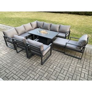 Fimous Aluminium 11 Seater Garden Furniture Outdoor Set Patio Lounge Sofa Gas Fire Pit Dining Table Set with 3 Chairs Big Footstool Dark Grey Fimous Aluminium 11 Seater Garden Furniture Outdoor Set Patio Lounge Sofa Gas Fire Pit Dining Table Set with 3 Chairs Big Footstool Dark Grey