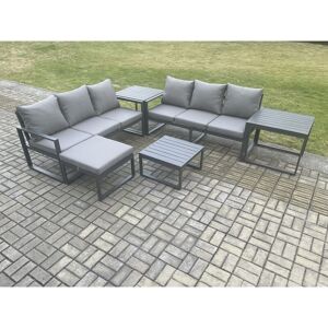 FIMOUS Aluminium 6 Pieces Garden Furniture Sofa Set with Cushions 7 Seater Outdoor Patio Set with Square Coffee Table Big Footstool 2 Side Tables Dark Grey FIMOUS Aluminium 6 Pieces Garden Furniture Sofa Set with Cushions 7 Seater Outdoor Patio Set with Square Coffee Table Big Footstool 2 Side Tables Dark Grey
