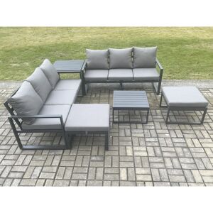FIMOUS Aluminium 6 Pieces Garden Furniture Sofa Set with Cushions 8 Seater Outdoor Patio Set with Square Coffee Table Side Table 2 Big Footstools Dark Grey FIMOUS Aluminium 6 Pieces Garden Furniture Sofa Set with Cushions 8 Seater Outdoor Patio Set with Square Coffee Table Side Table 2 Big Footstools Dark Grey
