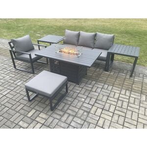 Fimous Aluminium 6 Pieces Garden Furniture Sofa Set with Cushions Gas Fire Pit Dining Table Set with 2 Side Tables Big Footstool Dark Grey Fimous Aluminium 6 Pieces Garden Furniture Sofa Set with Cushions Gas Fire Pit Dining Table Set with 2 Side Tables Big Footstool Dark Grey