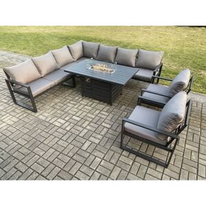 Fimous Aluminium 8 Pieces Garden Furniture Corner Sofa Set with Cushions Gas Fire Pit Dining Table Set Gas Heater Burner with 2 Chairs Dark Grey Fimous Aluminium 8 Pieces Garden Furniture Corner Sofa Set with Cushions Gas Fire Pit Dining Table Set Gas Heater Burner with 2 Chairs Dark Grey