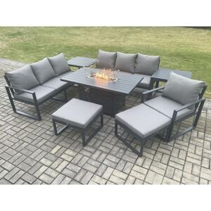Fimous Aluminium 8 Pieces Garden Furniture Sofa Set with Cushions 9 Seater Gas Fire Pit Dining Table Set with 2 Side Tables 2 Big Footstools Dark Grey Fimous Aluminium 8 Pieces Garden Furniture Sofa Set with Cushions 9 Seater Gas Fire Pit Dining Table Set with 2 Side Tables 2 Big Footstools Dark Grey
