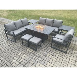 Fimous Aluminium 8 Pieces Garden Furniture Sofa Set with Cushions 9 Seater Gas Fire Pit Dining Table Set with 2 Side Tables 2 Small Footstools Dark Fimous Aluminium 8 Pieces Garden Furniture Sofa Set with Cushions 9 Seater Gas Fire Pit Dining Table Set with 2 Side Tables 2 Small Footstools Dark