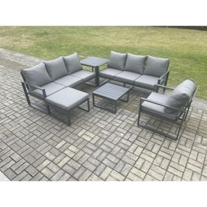 Fimous Aluminium 8 Seater Outdoor Garden Furniture Lounge Sofa Set with Square Coffee Table Chair Big Footstool Side Table Dark Grey Fimous Aluminium 8 Seater Outdoor Garden Furniture Lounge Sofa Set with Square Coffee Table Chair Big Footstool Side Table Dark Grey