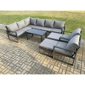 Fimous Aluminum 10 Seater Outdoor Lounge Corner Sofa Set Garden Furniture Sets with Oblong Coffee Table 2 Chairs 2 Big Footstool Dark Grey Fimous Aluminum 10 Seater Outdoor Lounge Corner Sofa Set Garden Furniture Sets with Oblong Coffee Table 2 Chairs 2 Big Footstool Dark Grey