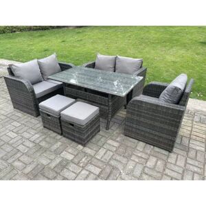 FIMOUS Dark Grey pe Wicker Rattan Garden Furniture Set Reclining Chair Love Sofa 2 Seater Sofa Set Outdoor Rectangular Dining Table 2 Stools 5 Seater FIMOUS Dark Grey pe Wicker Rattan Garden Furniture Set Reclining Chair Love Sofa 2 Seater Sofa Set Outdoor Rectangular Dining Table 2 Stools 5 Seater