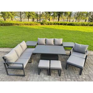 Fimous Garden Aluminium Furniture Set Dark Grey 10 Seater Outdoor Patio Adjustable Rising Lifting Dining Table with 3 Footstools 2 Side Tables Dark Fimous Garden Aluminium Furniture Set Dark Grey 10 Seater Outdoor Patio Adjustable Rising Lifting Dining Table with 3 Footstools 2 Side Tables Dark