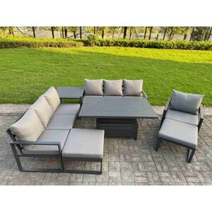 Fimous Garden Aluminium Furniture Set Dark Grey 9 Seater Outdoor Patio Adjustable Rising Lifting Dining Table with 2 Big Footstools Side Table Dark Fimous Garden Aluminium Furniture Set Dark Grey 9 Seater Outdoor Patio Adjustable Rising Lifting Dining Table with 2 Big Footstools Side Table Dark
