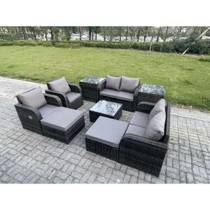 Garden Furniture Set Rattan Outdoor Lounge Sofa Chair With Tempered Glass Table 2 Big Footstool 2 Side Tables Dark Grey Mixed - Fimous Garden Furniture Set Rattan Outdoor Lounge Sofa Chair With Tempered Glass Table 2 Big Footstool 2 Side Tables Dark Grey Mixed - Fimous