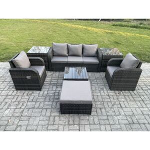 Fimous Garden Furniture Sets 6 Pieces Wicker Rattan Furniture Patio Sofa Sets with Reclining Chair 3 Seater Sofa 2 Side Tables Big Footstool Dark Fimous Garden Furniture Sets 6 Pieces Wicker Rattan Furniture Patio Sofa Sets with Reclining Chair 3 Seater Sofa 2 Side Tables Big Footstool Dark